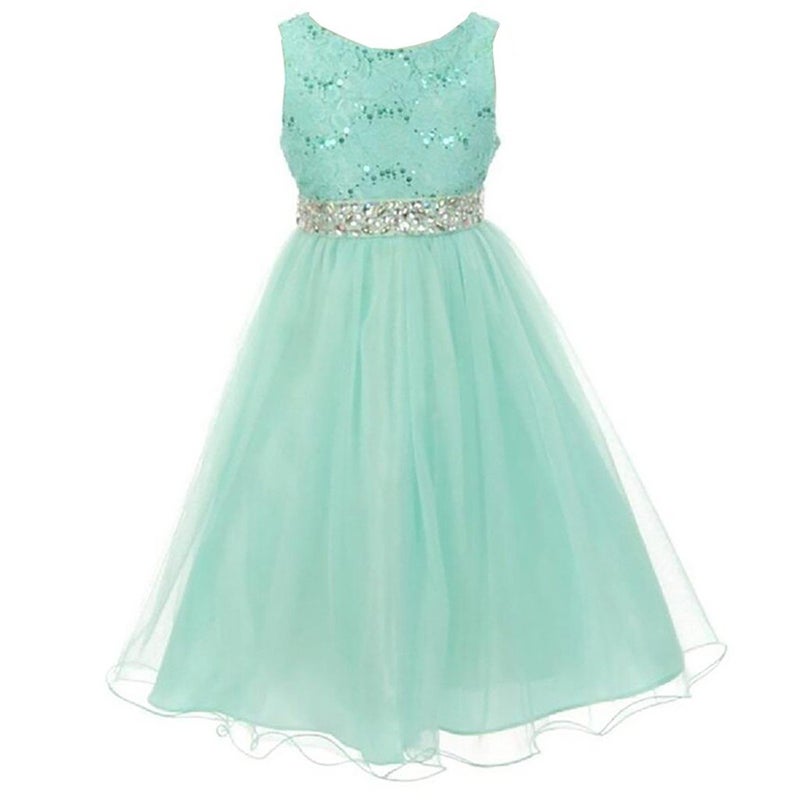 DreamHigh Wedding Flower Girl's Sequined Shining Crystal Waist Evening Dress up Mint 7-8 Years - Image 1